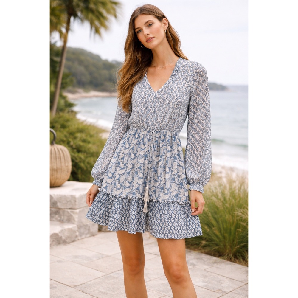 Blu Pepper Womens‎ Small Blue Paisley Mixed Print Boho Mini Dress Peasant